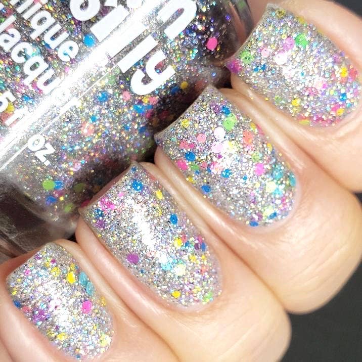 Carnival Holographic Glitter Nail Polish - Silver Rainbow Neon Confetti