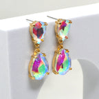 Teardrop dangle earrings with multicolor faceted stones and gold-tone settings