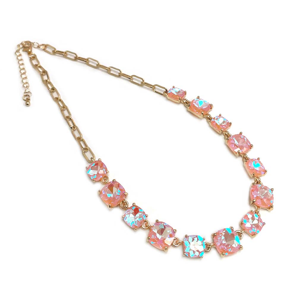 Cushion Cut Square Glass Crystal Linked Chain Necklace