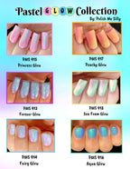 Pastel glow nail polish swatches showing pink, aqua, and green duochrome shimmer nails