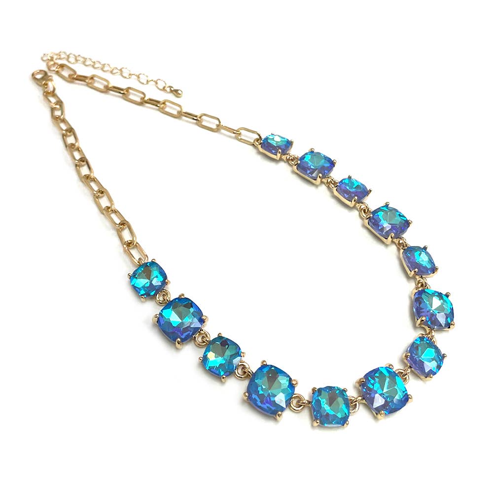 Cushion Cut Square Glass Crystal Linked Chain Necklace