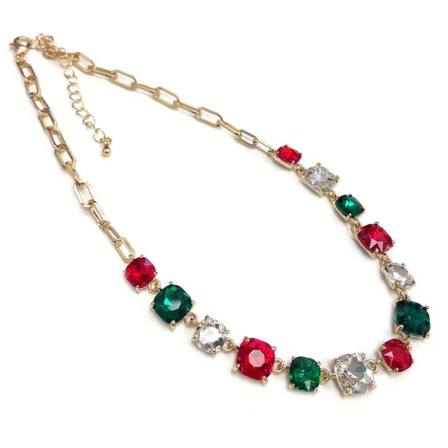Cushion Cut Square Glass Crystal Linked Chain Necklace