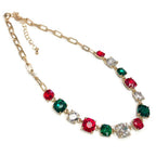 Cushion cut crystal linked chain necklace with red, emerald green, and clear stones