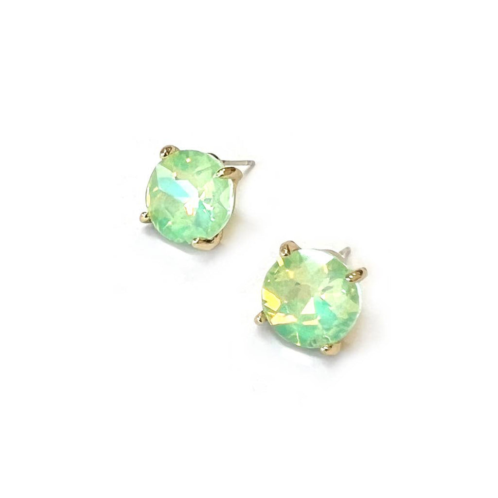 Sterling silver post round glass stud earrings with mint green AB gemstone-style center