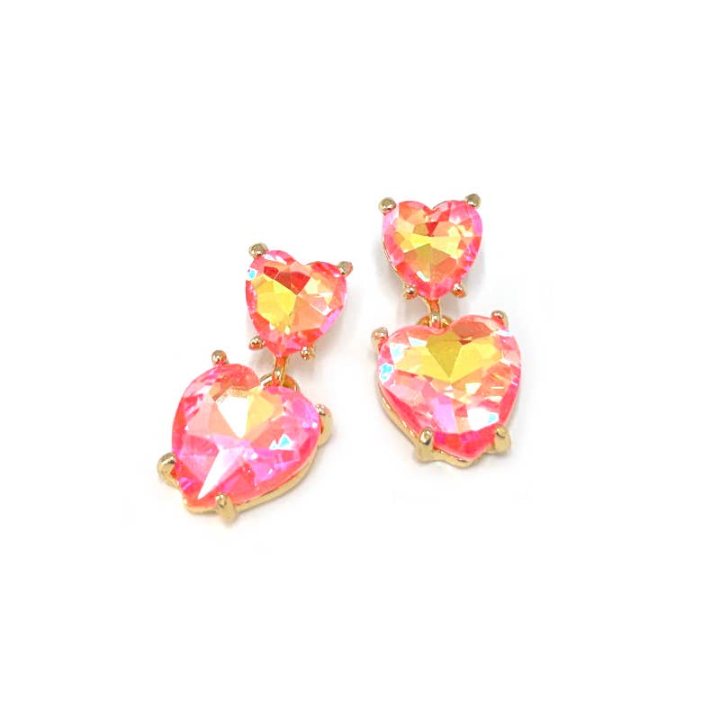 Double Glass Crystal Bead Heart Dangle Earrings
