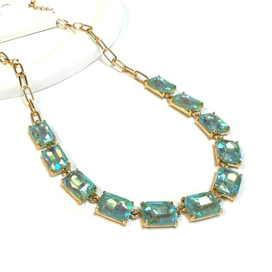 Gold-tone chain necklace with rectangular crystal links in mint green AB color