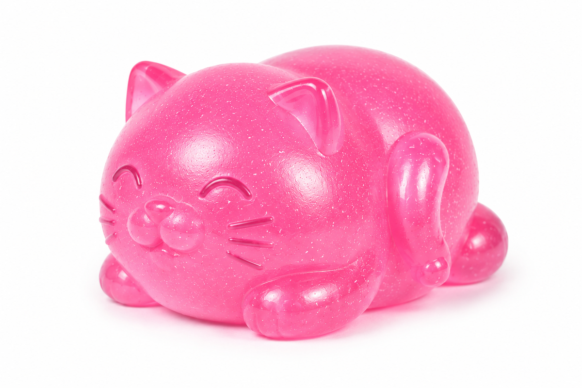 Pink squishy cat toy with embossed whiskers, closed eyes, and curled tail.