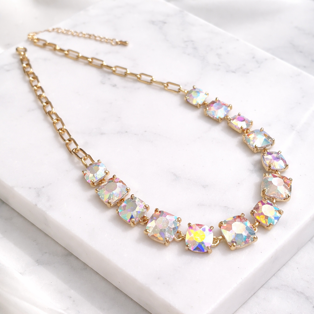 Cushion Cut Square Glass Crystal Linked Chain Necklace
