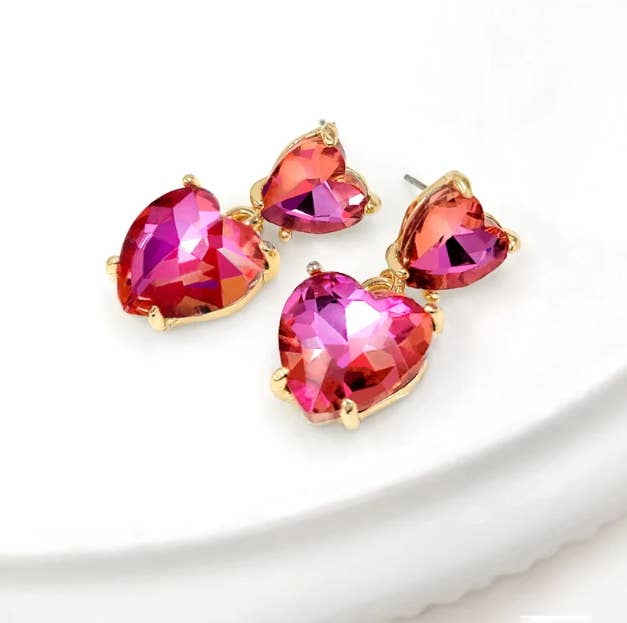 Double Glass Crystal Bead Heart Dangle Earrings