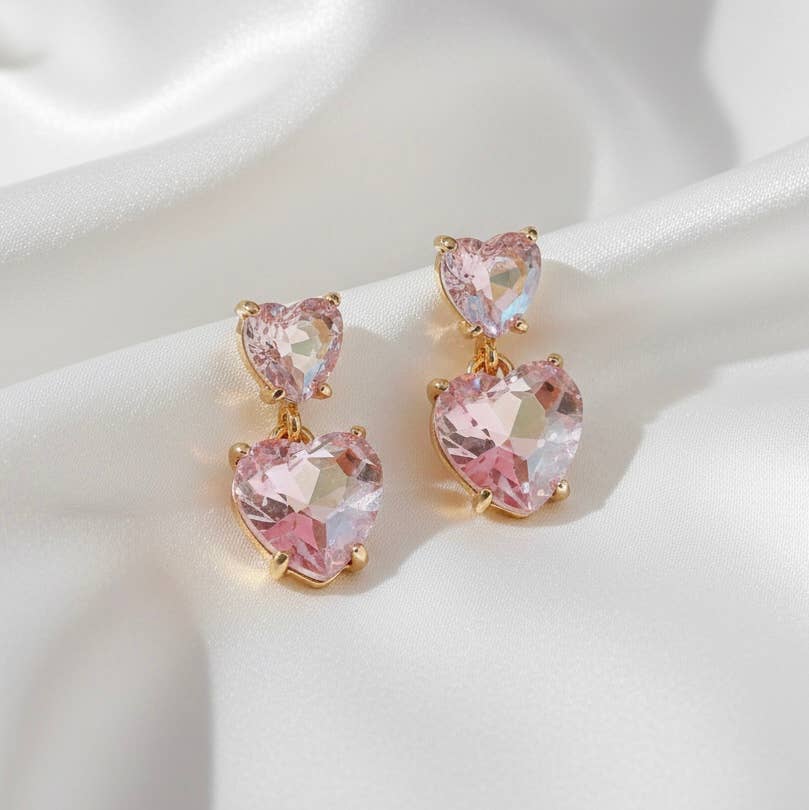 Double Glass Crystal Bead Heart Dangle Earrings