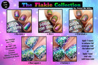 Flakie nail polish collection display showing multichrome glitter on nails