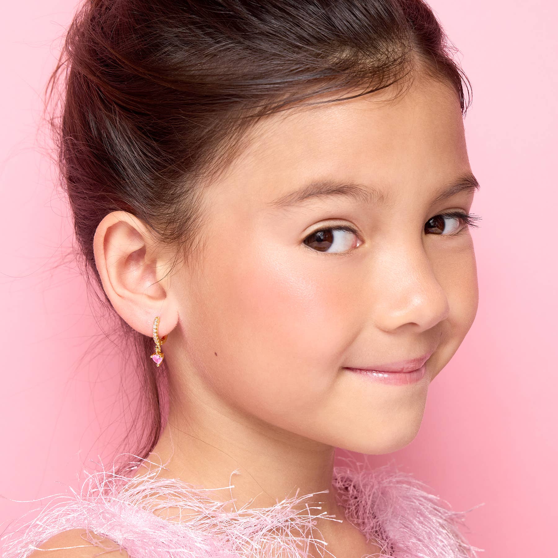 Pink Heart 18K Gold Plated Huggie Earrings for Kids