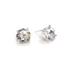 Round clear faceted glass stud earrings with sterling silver posts and gold-tone prongs