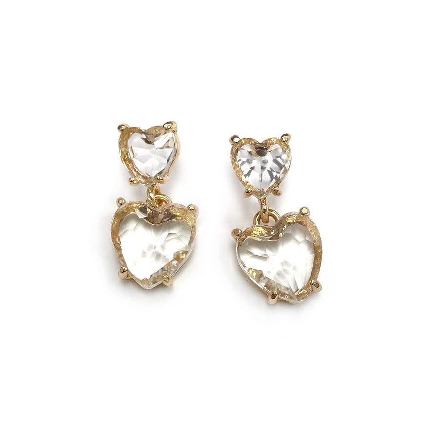 Double Glass Crystal Bead Heart Dangle Earrings