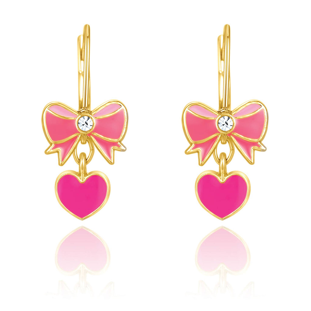 Pink Heart & Bow Leverback Dangle Earrings for Kids