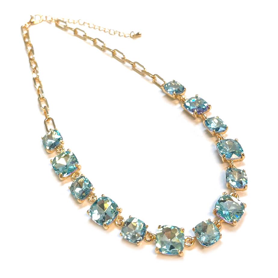 Cushion Cut Square Glass Crystal Linked Chain Necklace