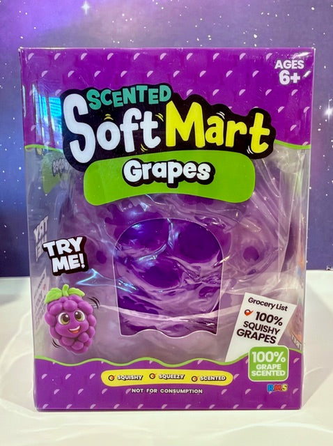 Jumbo slow-rising grapes scented squishy in Soft Mart retail box, Try Me label