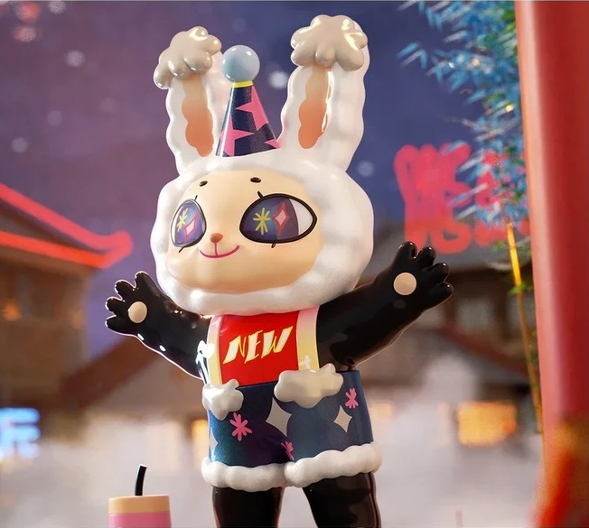 White rabbit figure with black outfit, arms raised, and “NEW” chest graphic