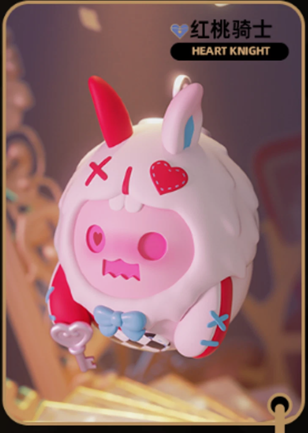 Heart Knight vinyl bunny figure, white rabbit with red markings and heart-themed chest.