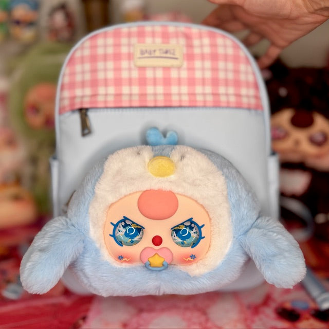 Kids light blue backpack with pink gingham top and plush character face