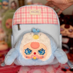 Kids light blue backpack with pink gingham top and plush character face