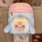 Kids light blue backpack with pink gingham top and plush character face pocket
