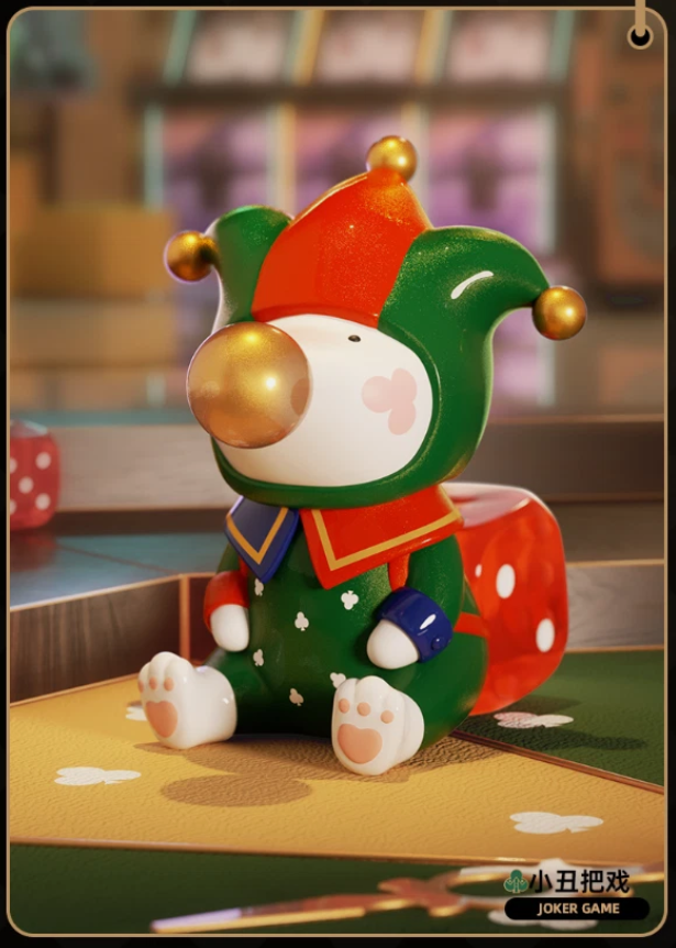 Joker Game vinyl elf rabbit figure, green-and-red costume with gold bells and paw details.