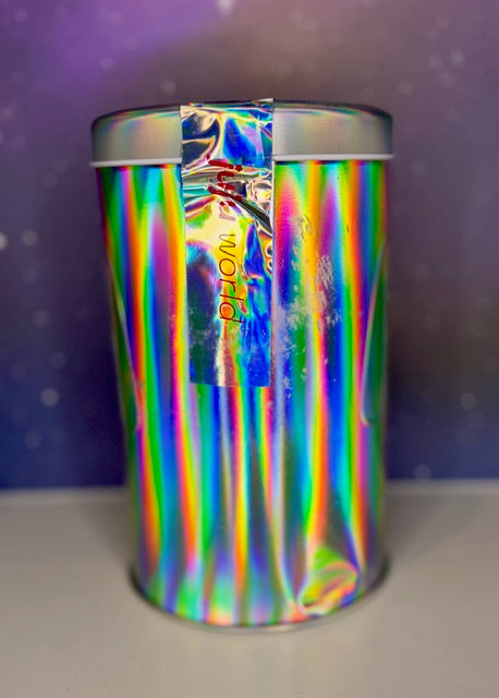 Holographic silver tin container with silver top and novelty label cutout