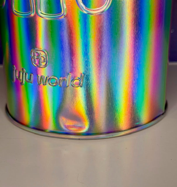 Holographic silver tin side with “Juju world” logo and rabbit outline graphic