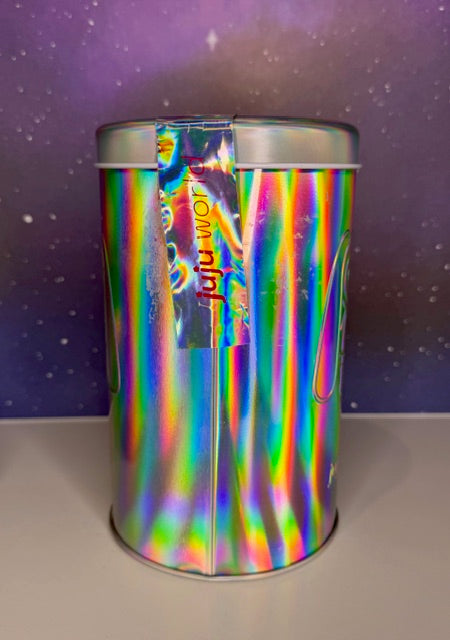 Holographic silver tin with top slot and “Juju world” tag graphic on front