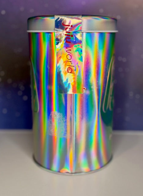 Holographic metal tin with rainbow sheen and vertical "Juju World" graphic