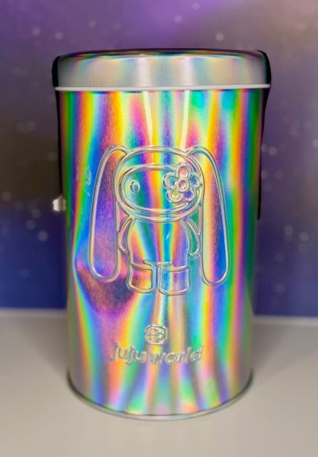 Holographic metal tin with rounded top and raised bear graphic