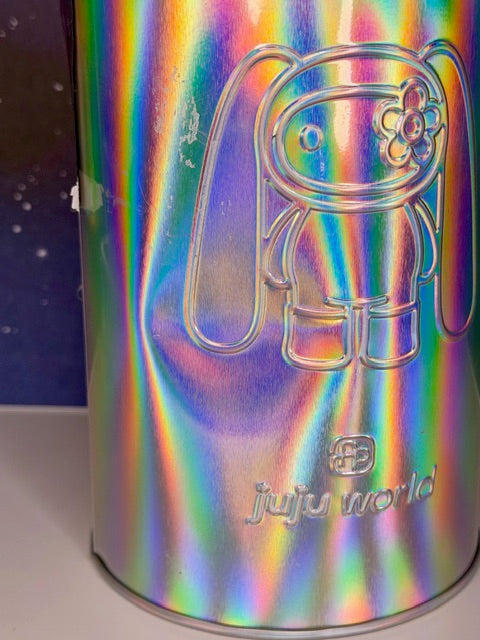 Holographic metal tin featuring bear-style icon outline and "juju world" text