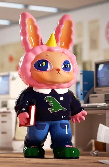 Pink rabbit blind box figure in black shirt and blue pants, holding a white pen