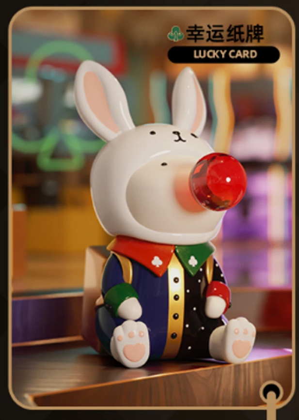 Lucky Card vinyl rabbit figure, white bunny with red crystal ball and striped outfit.