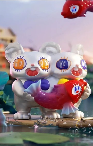 Pair of white bunny figures cuddling a red heart accessory