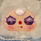 Plush baby figure head with orange face, purple glitter eyes, red nose, white hood