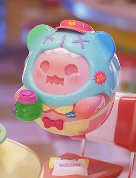 Mint and blue ghost diner vinyl figure with pink face and small green bottle