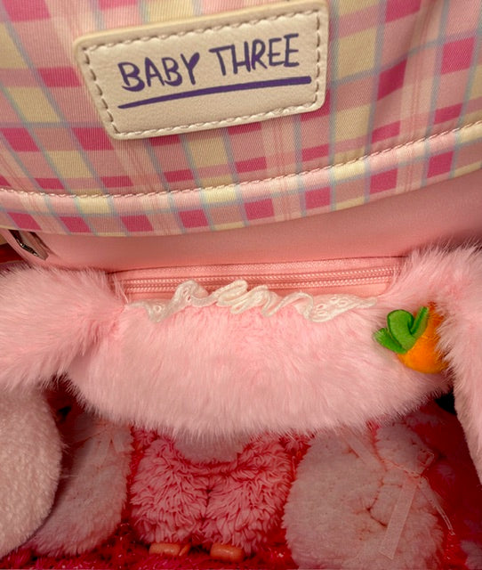 Pink plaid kids backpack label “BABY THREE” and plush interior pocket