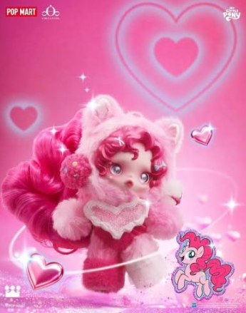 Pink bear-suit character pendant on card with heart icons and glow