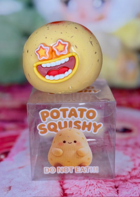 Potato-shaped squishy in clear box labeled POTATO SQUISY with laughing face