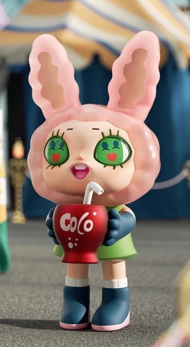Pink bunny collectible vinyl figure wearing a red shirt with word "coo"