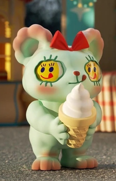 Green and white bunny collectible vinyl figure holding an ice cream cone