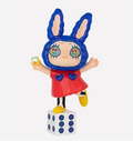 Rabbit-themed chibi figurine with blue hood, red dress, yellow shoes, on cube base
