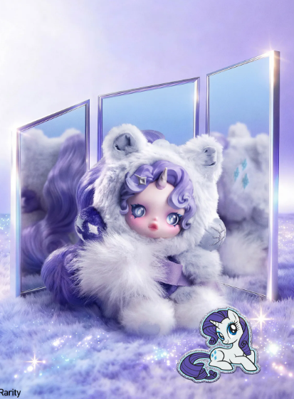 White-and-purple bear-suit character pendant on card with window panels