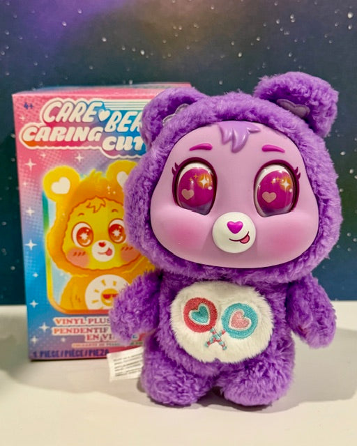 Purple vinyl plush bear keychain, big eyes and heart-shaped nose