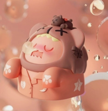 Pink and cream vinyl collectible toy figure with sleepy face, bows, and heart accents