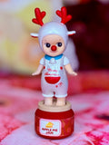 Light blue reindeer figurine with red antlers and nose, 'Merry Christmas' outfit, Apple Pie Jam base