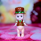Chocolate-themed Sonny Angel figure, brown cap with green kiwi details, front standing