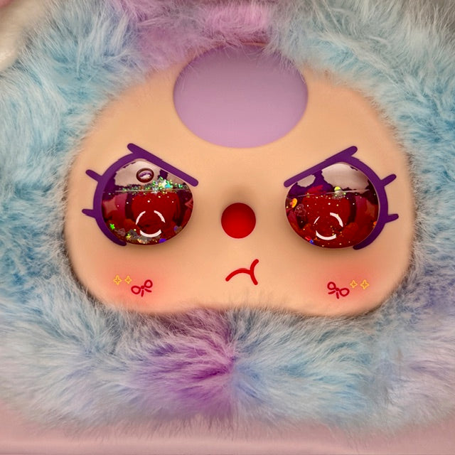 Plush kids backpack front with cartoon face and round eyes, purple accents